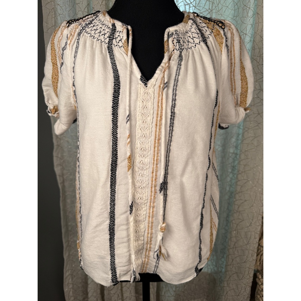 GREYLIN Embroidered Tassel Peasant Blouse Top Small Boho Bohemian 100%‎ Cotton